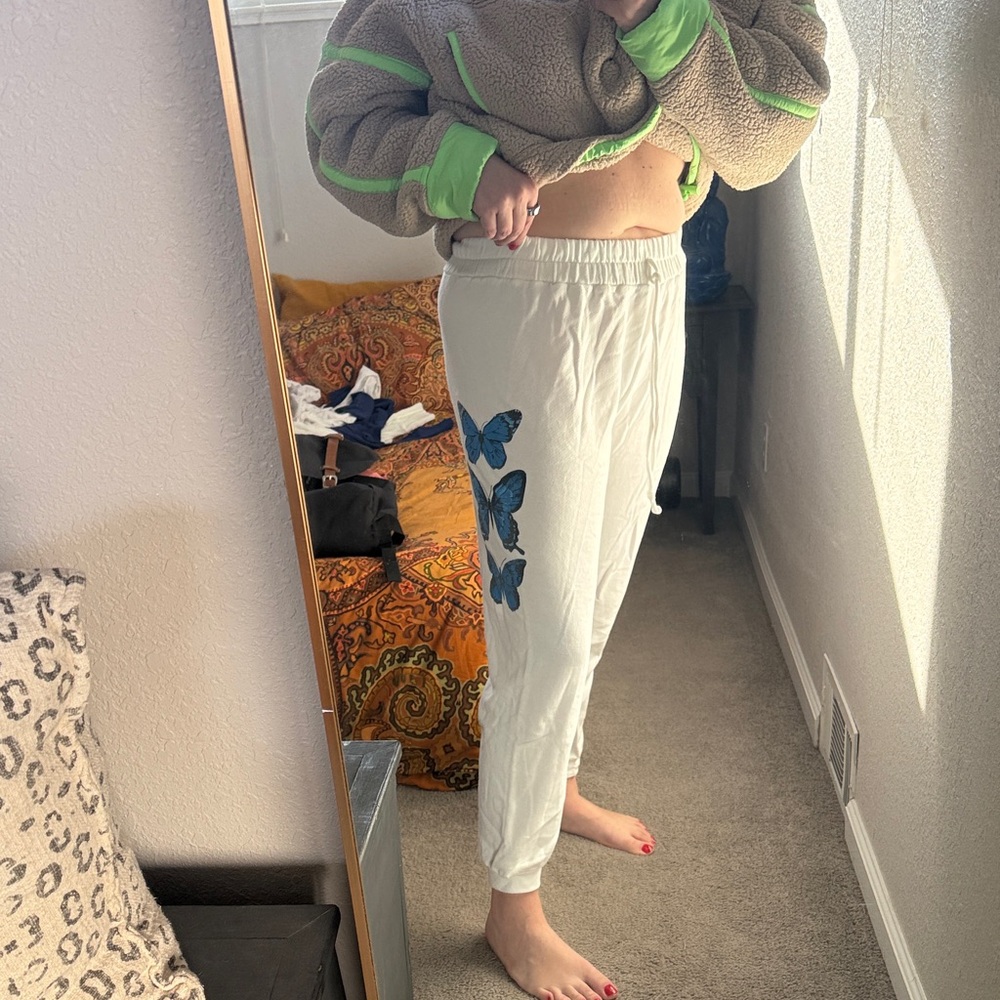 White Butterfly Jogger Pants with Blue Appliqué
